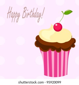 Birthday cupcake with cherry. Vector illustration