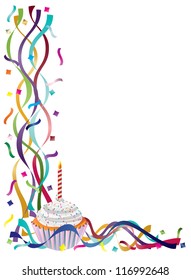 Birthday Cupcake With Colorful Ribbons And Confetti Border Background Vector Illustration