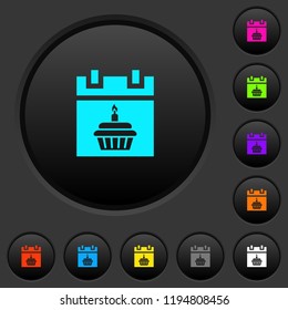Birthday cupcake dark push buttons with vivid color icons on dark grey background