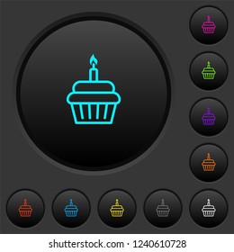 Birthday cupcake dark push buttons with vivid color icons on dark grey background