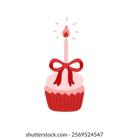 Birthday cupcake decorated with one candle, whipped cream, coquette  bow. Festive muffin in red paper cup. Holiday sweet dessert, small cake. Delicious confectionery treat. Flat vector clipart