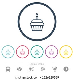 Birthday cupcake flat color icons in round outlines. 6 bonus icons included.