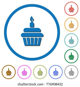 Birthday cupcake flat color vector icons with shadows in round outlines on white background