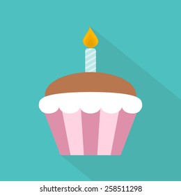 Birthday Cupcake Flat Icon. Vector Illustration