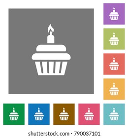 Birthday cupcake flat icons on simple color square backgrounds