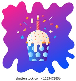 Birthday cupcake gradient flat icon with fluid background.