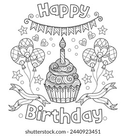 Birthday and cupcake hand drawn for adult coloring book