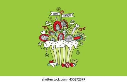 Birthday Cupcake Hand Drawn Doodle Vector on Green Background
Cute cup cake doodle vector illustration with flags, icing, hearts, swirls, decorations and abstract shapes