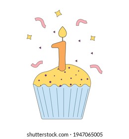 Birthday cupcake icon with number one candles. Isolated. Cake icon. For birthday, party invitations. Vector flat illustration.