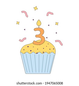 Birthday cupcake icon with number three candles. Isolated. Cake icon. For birthday, party invitations. Vector flat illustration.