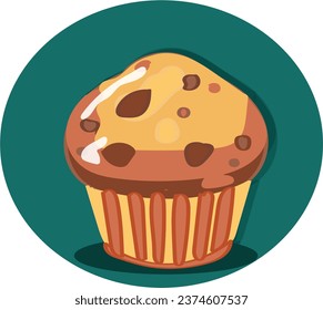 Ilustración del icono del cupcake de cumpleaños. Delicioso quequito con chips de Choco y salpicaduras de colores. Ilustración vectorial del muffin de chocolate