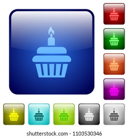 Birthday cupcake icons in rounded square color glossy button set