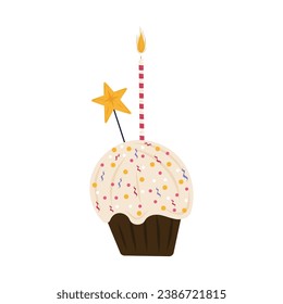 Birthday cupcake illustration on isolated background. Flat style. Delicious cupcake, colorful sprinkles, burning candle, gold star. For postcards, invitations, icons.