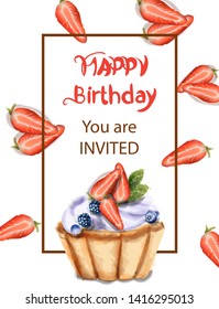 Birthday cupcake Invitation card Vector watercolor. Strawberry and blueberry sweet cupcake