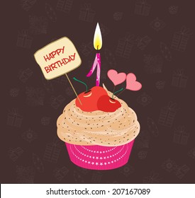 Birthday cupcake with lit candle in shape of number one