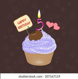 Birthday cupcake with lit candle in shape of number five
