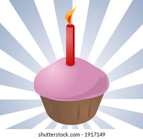 Birthday cupcake, with a lit candle. Vector illustration