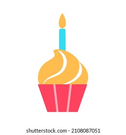 Birthday cupcake logo with burning candle. Color vanilla muffin decorated swirl whipped cream. Sweet festive dessert. Tasty homemade snack in pink cup. Flat minimal treat design vector illustration.