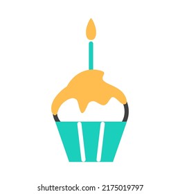 Birthday cupcake logo with burning candle. Color flat line vanilla muffin decorated swirl whipped cream. Sweet festive dessert. Tasty homemade snack in cup. Minimal treat design vector illustration.