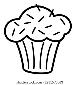 Birthday cupcake or muffin. Line art symbol for web printing and applications. Vector illustration in doodle style hand-drawn isolated on the white background.