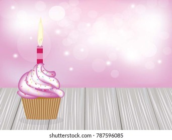 Birthday cupcake on wooden planks with pink blurred background, vector. Birthday card for girls