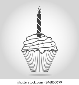 birthday cupcake with one candle, gray tone, vector