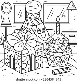 Birthday Cupcake , Party Hat, and Gift Coloring 