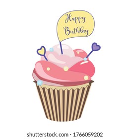 Birthday cupcake. Realistic cupcake. Sweet creamy desserts muffins with frosting flavors decoration, delicious confectionery and baking.
