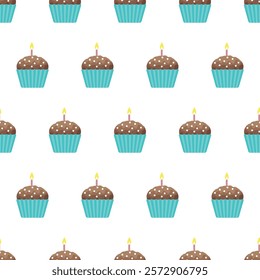 Birthday Cupcake Seamless Pattern with Candles. Seamless pattern of chocolate cupcakes in blue wrappers with lit candles, perfect for birthday-themed designs festive backgrounds. Vector illustration