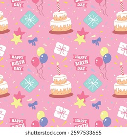 birthday cupcake seamless pattern, cute background , on the soft pink background, kawaii, kids, decoration, cover, packaging, wallpaper, clothing, textile, fabric, paper, vector