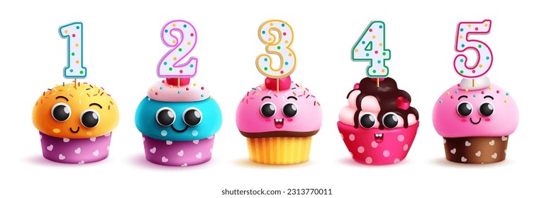 Diseño vectorial del juego de quequitos de cumpleaños. Torta de copa de cumpleaños y muffins en una decoración alegre y colorida con números topper. Ilustración vectorial lindos personajes de tarta de dibujos animados.