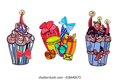 Birthday cupcake set vector isolated on white background