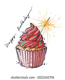 Birthday cupcake with a sparkler, color, vector