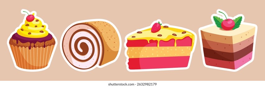 Birthday cupcake stickers clipart set. Cake sticker for birthday and anniversary dessert icon clip art collection with assorted flavor printable elements vector illustration.
