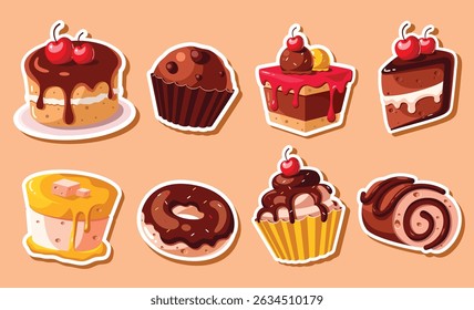 Birthday cupcake stickers clipart set. Cake drawing icon clip art collection for holiday party printable sticker with chocolate and vanilla flavor vector illustration.

