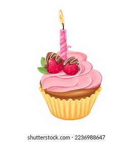 Birthday cupcake with strawberry vector illustration. Cartoon isolated cake with pink whipped vanilla cream and burning candle, cupcake in paper cup with berry fruit and chocolate glaze decoration