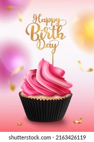 Birthday cupcake vector concept design. Happy birthday text in cake topper decoration with pink icing and gold confetti elements for birth day greeting. Vector illustration.
