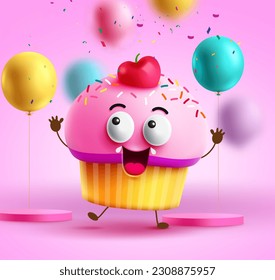 Diseño vectorial de bizcocho de cumpleaños. Personaje de caricatura de la tarta de la copa de cumpleaños con expresión facial feliz. El postre del pastel de ilustración vectorial con fondo borroso.