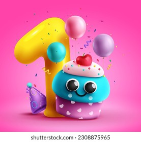 Birthday cupcake vector design. Cup cake cartoon character with number one balloon in pink background. Vector illustration birthday element decoration. 