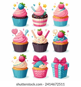 Birthday cupcake vector design. Happy birthday text with celebrating elements like cup cake, balloons and sprinkles for birth day celebration greeting card decoration. Vector illustration