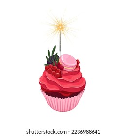 Birthday cupcake vector illustration. Cartoon isolated chocolate cake with red whipped cream, berry and macaroons decoration, burning sparkler on muffin in pink paper cup for happy birthday party