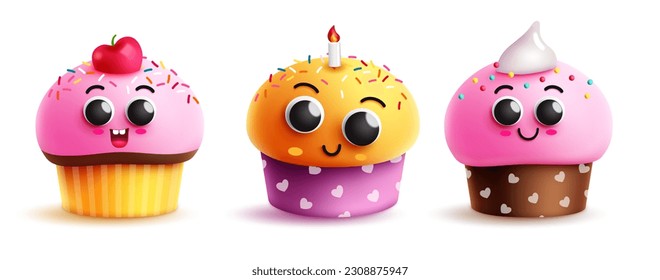 Diseño del conjunto de vectores de cupcake de cumpleaños. Pastel de la copa de cumpleaños y elementos deliciosos de la fiesta. La colección de pasteles coloridos de ilustraciones vectoriales. 