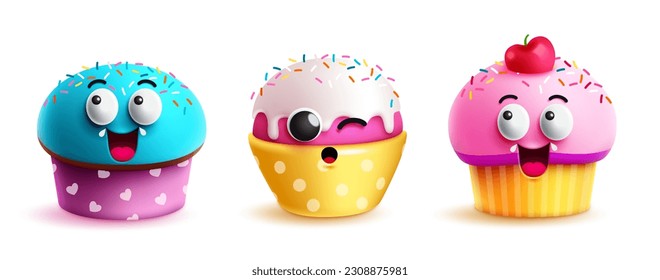 Birthday cupcake vector set design. Cup cake cartoon character with cute facial expression. Vector illustration muffin dessert isolated in white background. 