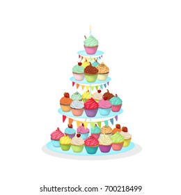 Birthday cupcakes cake on white background. Flags and candles.