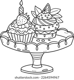 Birthday Cupcakes with Candle Isolated Coloring 