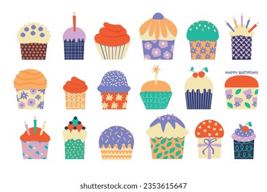 Pasteles de cumpleaños. Postres dulces de caricatura con coloridos ingredientes para la celebración, panadería para niños adorables con muffins y quequitos. Colección plana vectorial. Deliciosa pastelería con taponería y bayas