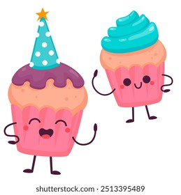 birthday cupcakes character happy kids vector birthday bash party