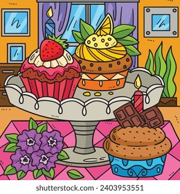 Birthday Cupcakes Colored Cartoon Illustration