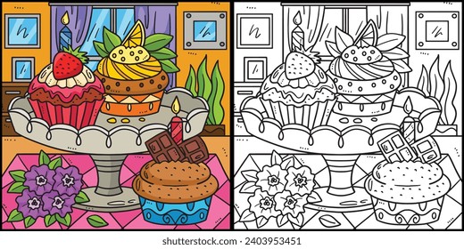 Birthday Cupcakes Coloring Page Illustration