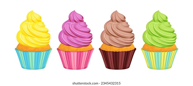 Birthday cupcakes with cream. Set of vector cartoon illustration of colorful cakes. Sweet dessert.